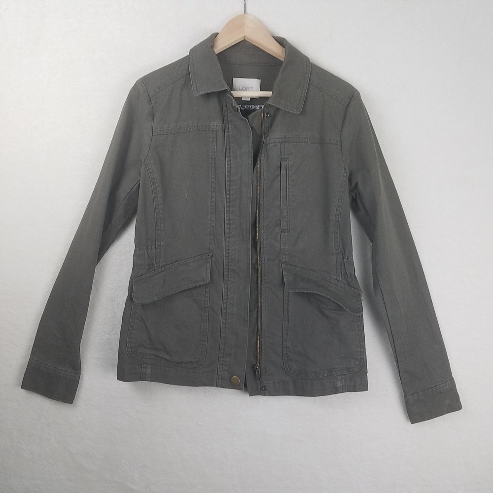 LOFT Olive Green Utility Jacket Women XS‎ Lightweight canvas Cotton Pockets